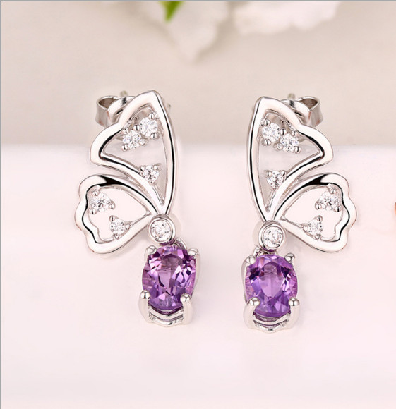 Women\'s Butterfly Shaped 925 Sterling Silver Amethyst/Rose Quartz Earrings with White Gold/Rose Gold Plating